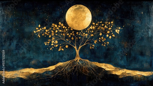 Golden tree under a celestial moon.