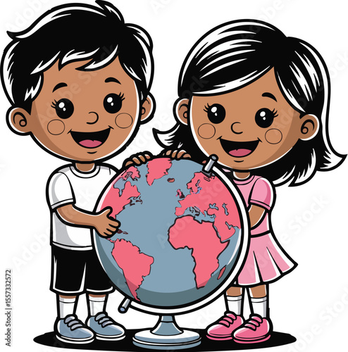 Children Embracing Globe, Stock Vector Illustration.