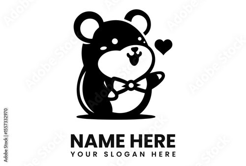 A charming black and white illustration of a smiling cartoon hamster, waving with a heart.