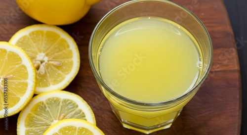 A glass with lemon juice and several lemons cut around it on a wooden board and a sold bottom