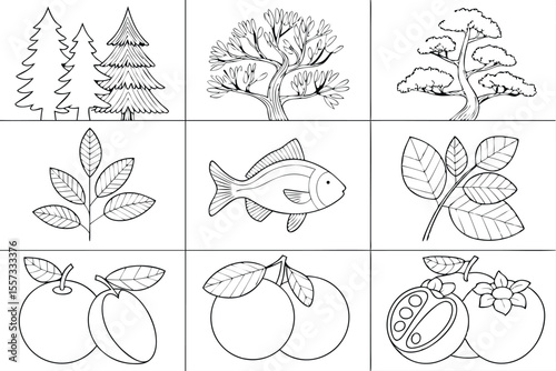 Black and White Line Art Collage of Trees, Leaves, Fish and Fruit for Coloring Book