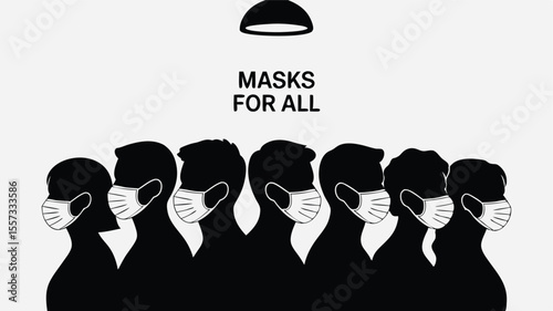 Black Silhouettes of People Wearing Protective Face Masks for All, Covid19 Prevention Concept