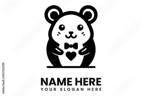 Adorable cartoon hamster logo design, wearing a bow tie and holding a heart.