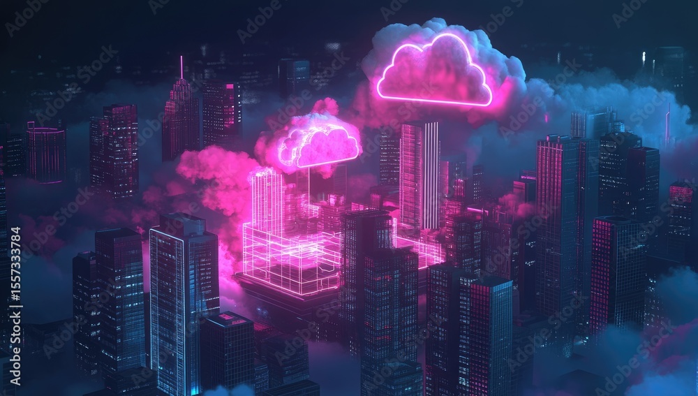 Fototapeta premium Futuristic city with neon cloud