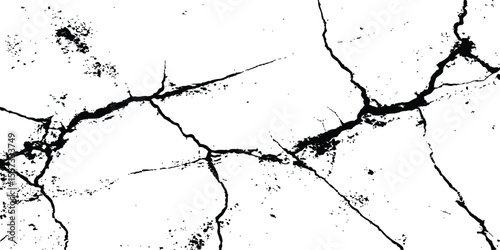 Black and white cracks illustration isolated on white background. A black and white vintage of cracked concrete scribble effect, old wall background crack vector, grunge texture,