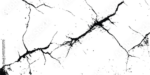 Black and white cracks illustration isolated on white background. A black and white vintage of cracked concrete scribble effect, old wall background crack vector, grunge texture,