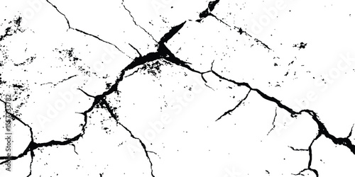 Black and white cracks illustration isolated on white background. A black and white vintage of cracked concrete scribble effect, old wall background crack vector, grunge texture,