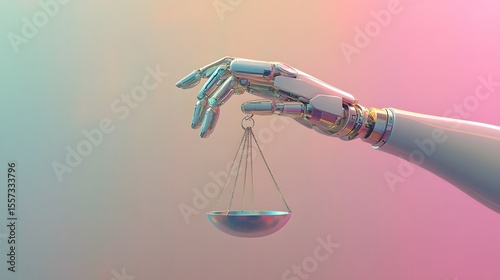 Robotic Hand Holding Balance Scale Symbolizing Justice and Equality