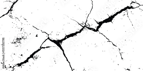 Black and white cracks illustration isolated on white background. A black and white vintage of cracked concrete scribble effect, old wall background crack vector, grunge texture,
