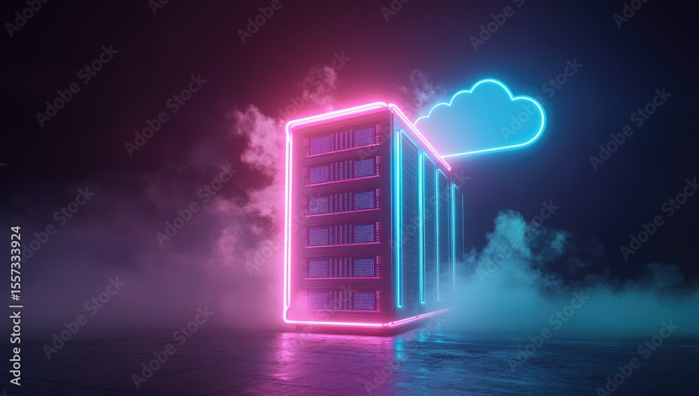 Fototapeta premium Neon server rack with cloud