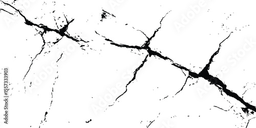 Black and white cracks illustration isolated on white background. A black and white vintage of cracked concrete scribble effect, old wall background crack vector, grunge texture,
