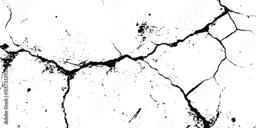 Black and white cracks illustration isolated on white background. A black and white vintage of cracked concrete scribble effect, old wall background crack vector, grunge texture,