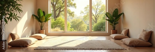 Serene Meditation Studio Natural Light Bathes Comfortable Seating for Mindfulness, Yoga, and Spiritual Practices