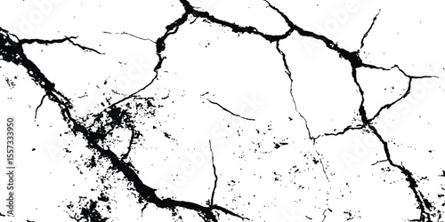Black and white cracks illustration isolated on white background. A black and white vintage of cracked concrete scribble effect, old wall background crack vector, grunge texture,