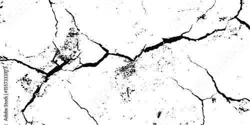 Black and white cracks illustration isolated on white background. A black and white vintage of cracked concrete scribble effect, old wall background crack vector, grunge texture,