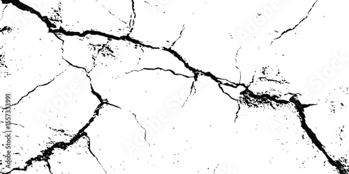 Black and white cracks illustration isolated on white background. A black and white vintage of cracked concrete scribble effect, old wall background crack vector, grunge texture,