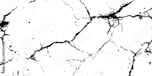 Black and white cracks illustration isolated on white background. A black and white vintage of cracked concrete scribble effect, old wall background crack vector, grunge texture,