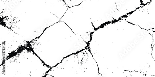Black and white cracks illustration isolated on white background. A black and white vintage of cracked concrete scribble effect, old wall background crack vector, grunge texture,