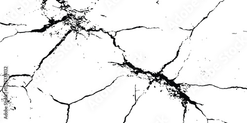 Black and white cracks illustration isolated on white background. A black and white vintage of cracked concrete scribble effect, old wall background crack vector, grunge texture,