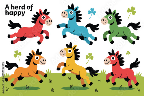 Colorful Cartoon Horses Galloping on Green Grass with Shamrocks Children's Illustration Art