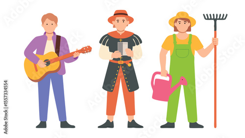 Colorful Cartoon Illustration of Musician, Actor in Costume, and Gardener Holding Rake