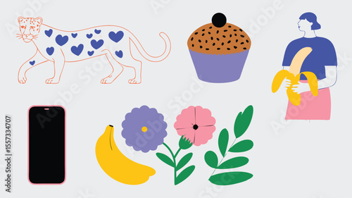Colorful Digital Illustration Featuring Leopard, Cupcake, Flowers, Bananas, Phone, and Person Peeling Fruit