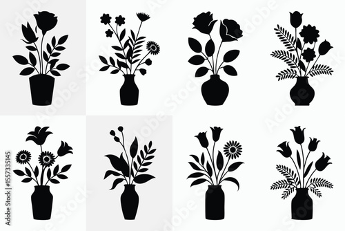 Eight Black Flower Silhouette Arrangements Featuring Roses, Tulips, and Sunflowers in Vases on Light Background