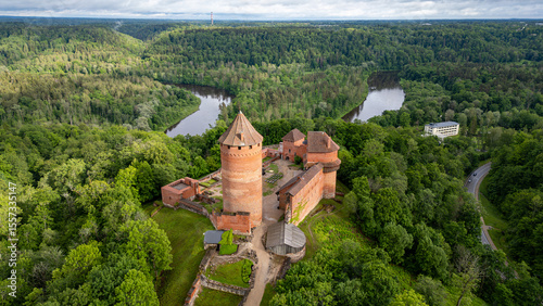 Colorful forest hills , river Gauja and Turaida castle in Summer in Sigulda, Latvia