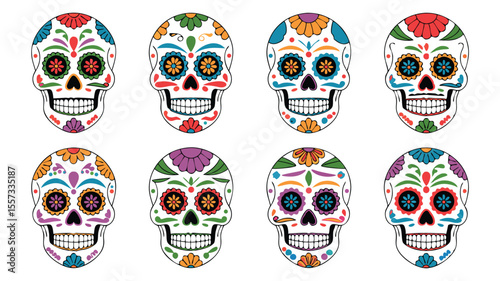 Eight Colorfully Decorated Sugar Skulls on White Background for Day of the Dead Celebration