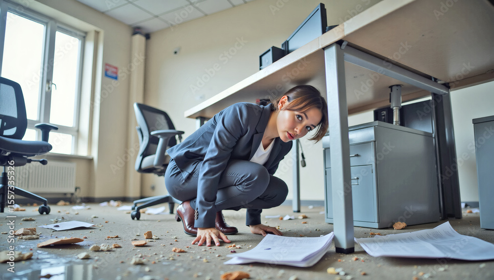 Fototapeta premium Young Woman Hiding Under Desk After Earthquake, Office Disaster, Workplace Safety, Emergency Preparedness, Survival Instinct, Fearful Moment