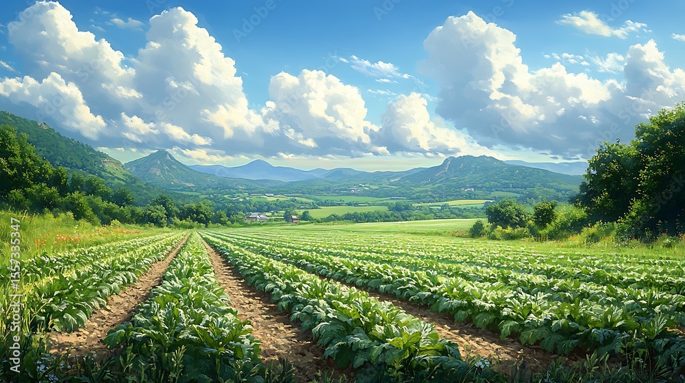 Fototapeta premium Cultivated field under sunny sky