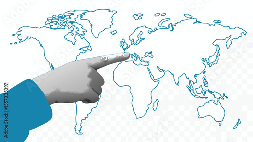 Finger Pointing at Europe on Blue World Map Outline Illustration Design