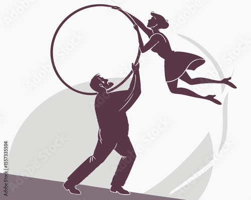 Acrobat in silhouette performing circus aerial act with a man supporting