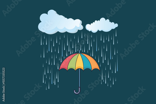 Cute pastel umbrella with blue rain drops falling from the sky, vector flat illustration in cartoon style for seamless backgrounds, kids media, educational material, and nursery prints
