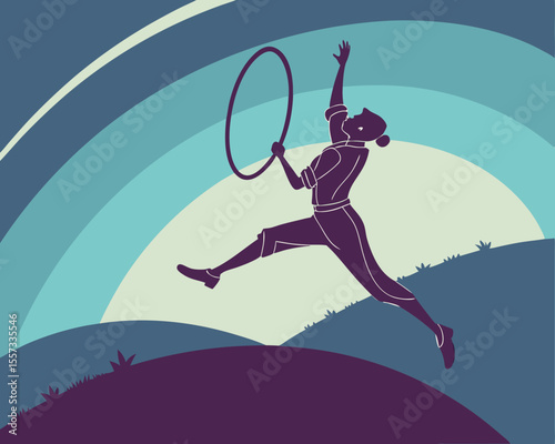 Acrobat performing with hoop on a gradient landscape with transparency