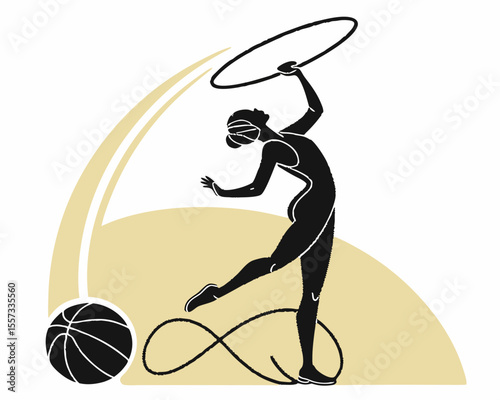 Artistic gymnastics silhouette of a woman with hoop and ball on a white background