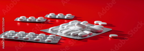 Scattered pills in red and white, along with two blister packs, sit on a solid red surface. The image is likely related to medicine or healthcare.