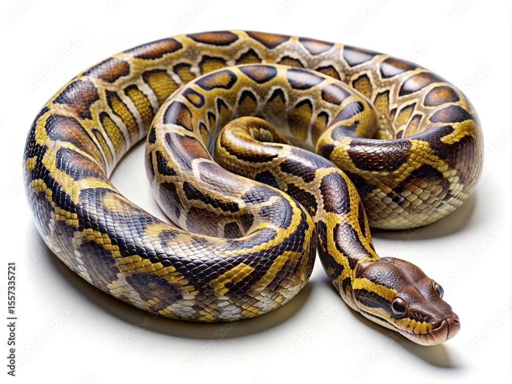 Obraz premium Beautiful Burmese Python coiled on a clean white background, a reptile portrait