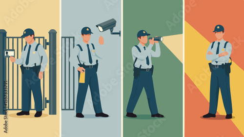 Four Security Guards in Uniforms Performing Different Tasks Checking ID, CCTV, Flashlight, Standing