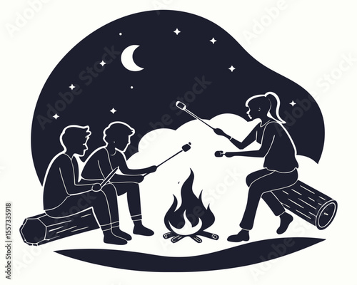 Friends enjoying a campfire roasting marshmallows under the stars