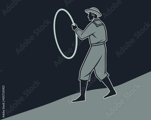 Fisherman in vintage attire holding a lasso or fishing net loop vector illustration