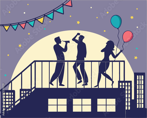 Festive rooftop party silhouette with balloons and cityscape transparency effect