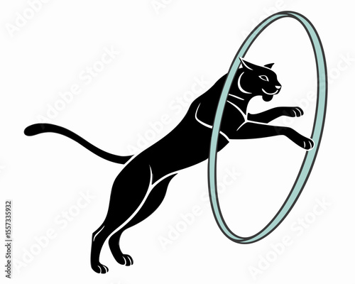 Graceful black panther jumping through a hoop vector illustration on white background