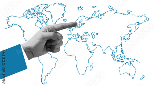 Greytone Hand Pointing at Europe on Outlined Blue World Map