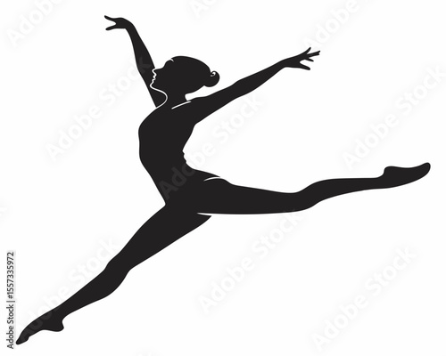 Graceful silhouette of a ballerina in mid-air leap against white background