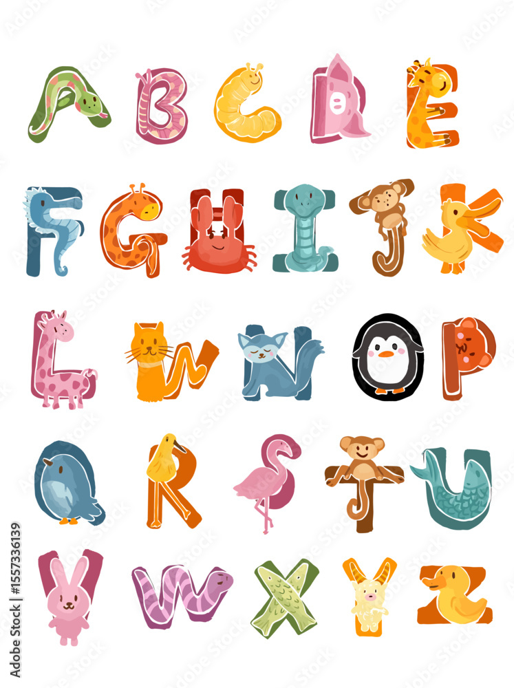Fototapeta premium Vector Illustrations. Whimsical Animal Alphabet Colorful Illustrated Letters for Educational Fun and Play. EPS Editable