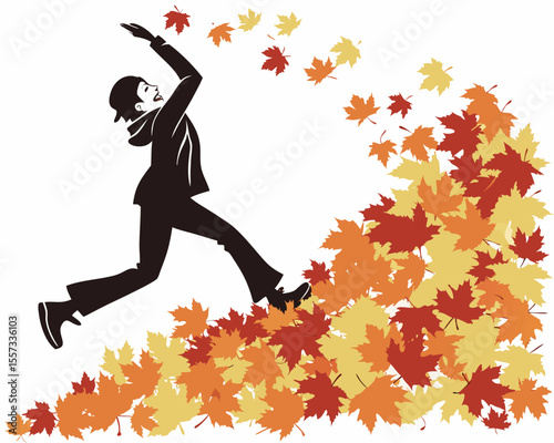 Joyful person dancing in autumn leaves fall season celebration illustration