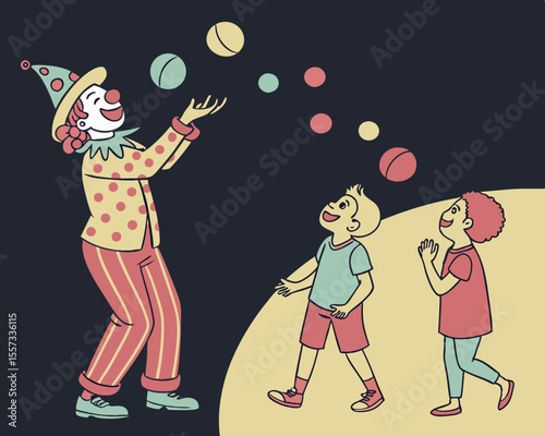 Playful clown juggling colorful balls entertaining two curious children