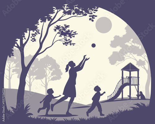 Mother and children enjoying playtime outdoors in a park silhouette illustration