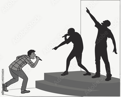 Musicians performing on stage with microphone and silhouettes showing enthusiasm